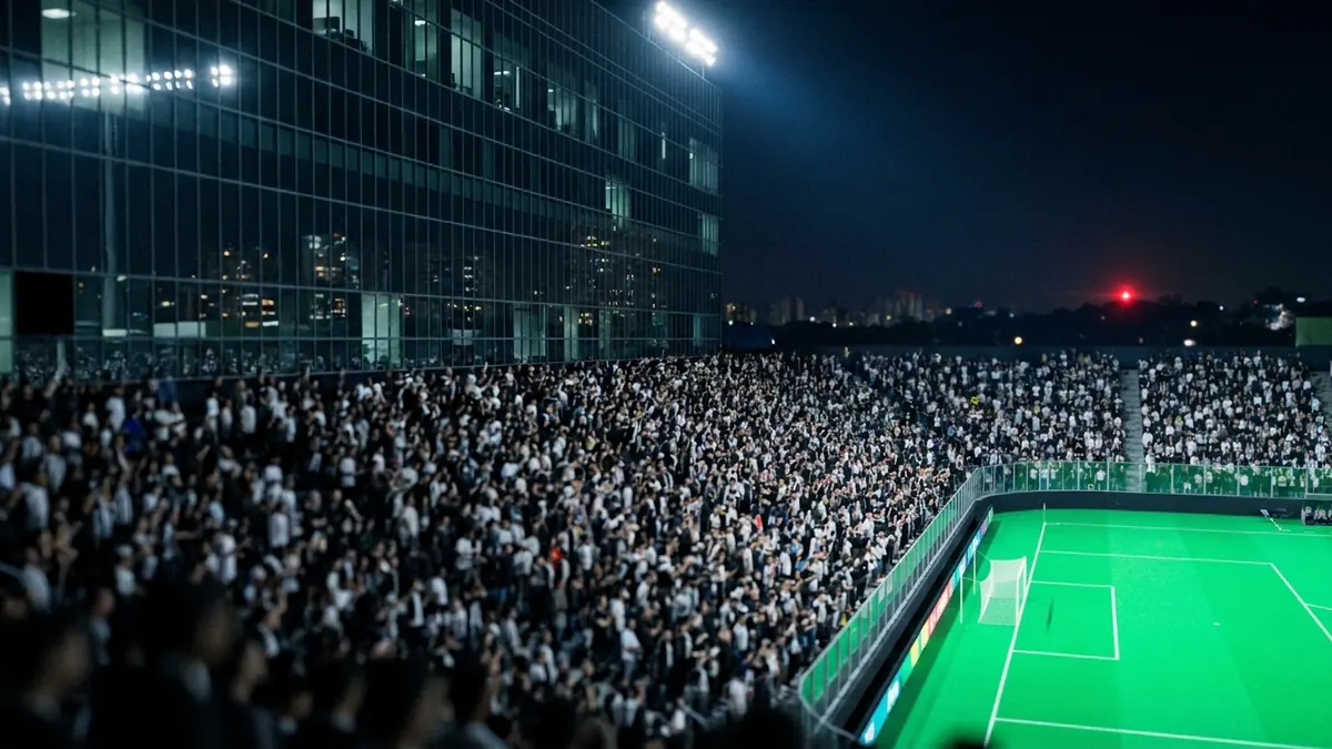 Arquibancada lotada em branco e preto numa arena moderna de São Paulo à noite, vista atrás do gol.